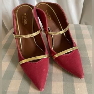 Malone Souliers Pink Velvet Heels with Gold Straps